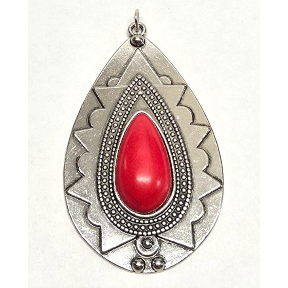 New Bohemian Silver Tone Teardrop Pendant Only Red Stone Intricate Design‎ 2.66"